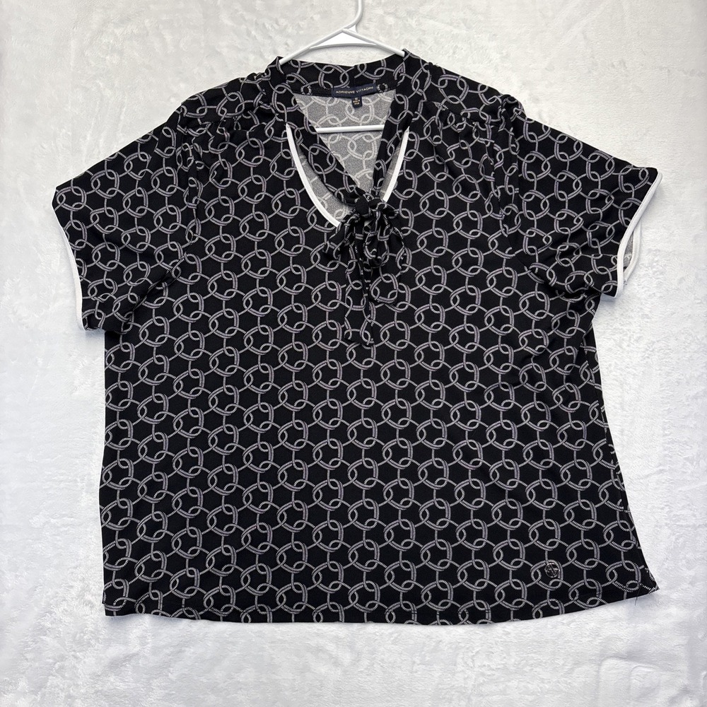 Adrienne Vittadini 3X Chain Print Tie Neck Top Black White Plus Coastal Chic